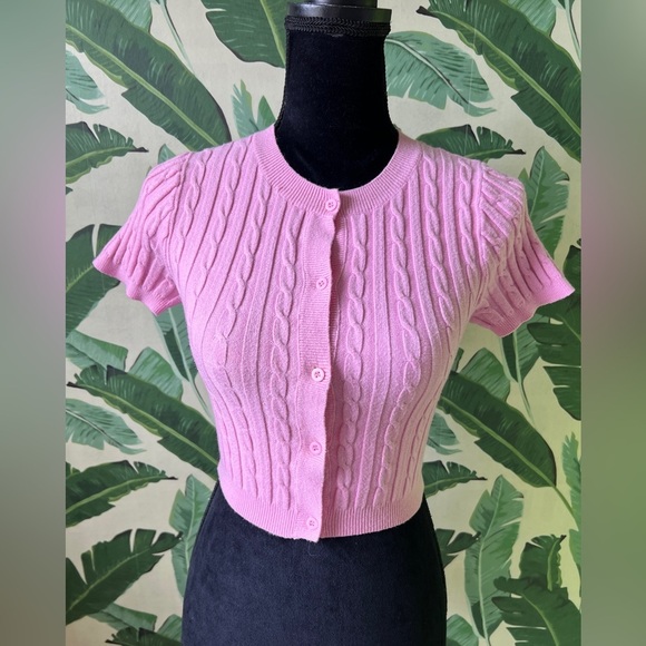 Princess Polly Womens Pink Cableknit Short Sleeve Cropped Cardigan Sweater M/L - Picture 2 of 6